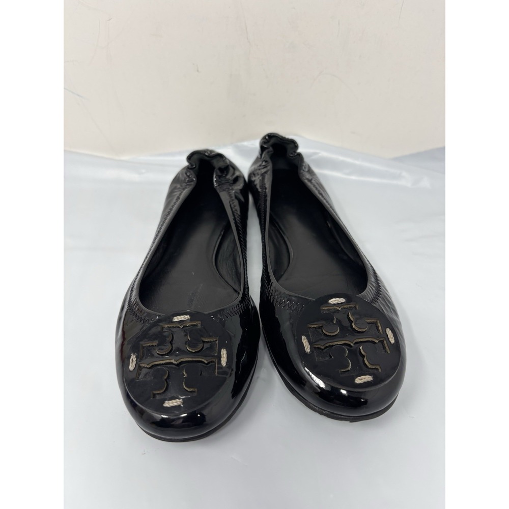 Tory Burch Reva Womens Patent Leather Slip On Ballet Flats Black Logo Shoes 7